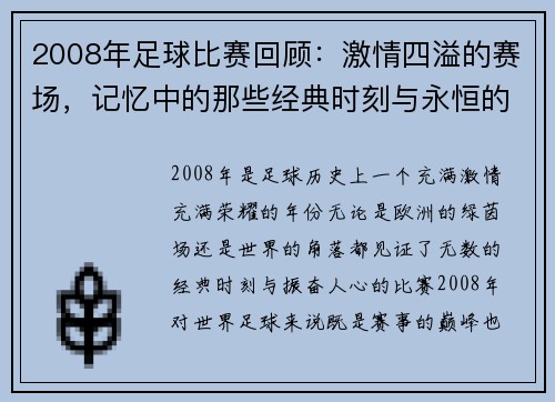 2008年足球比赛回顾：激情四溢的赛场，记忆中的那些经典时刻与永恒的荣耀