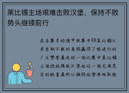 莱比锡主场艰难击败汉堡，保持不败势头继续前行