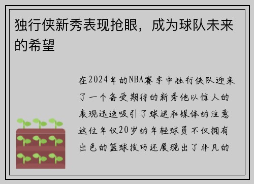 独行侠新秀表现抢眼，成为球队未来的希望